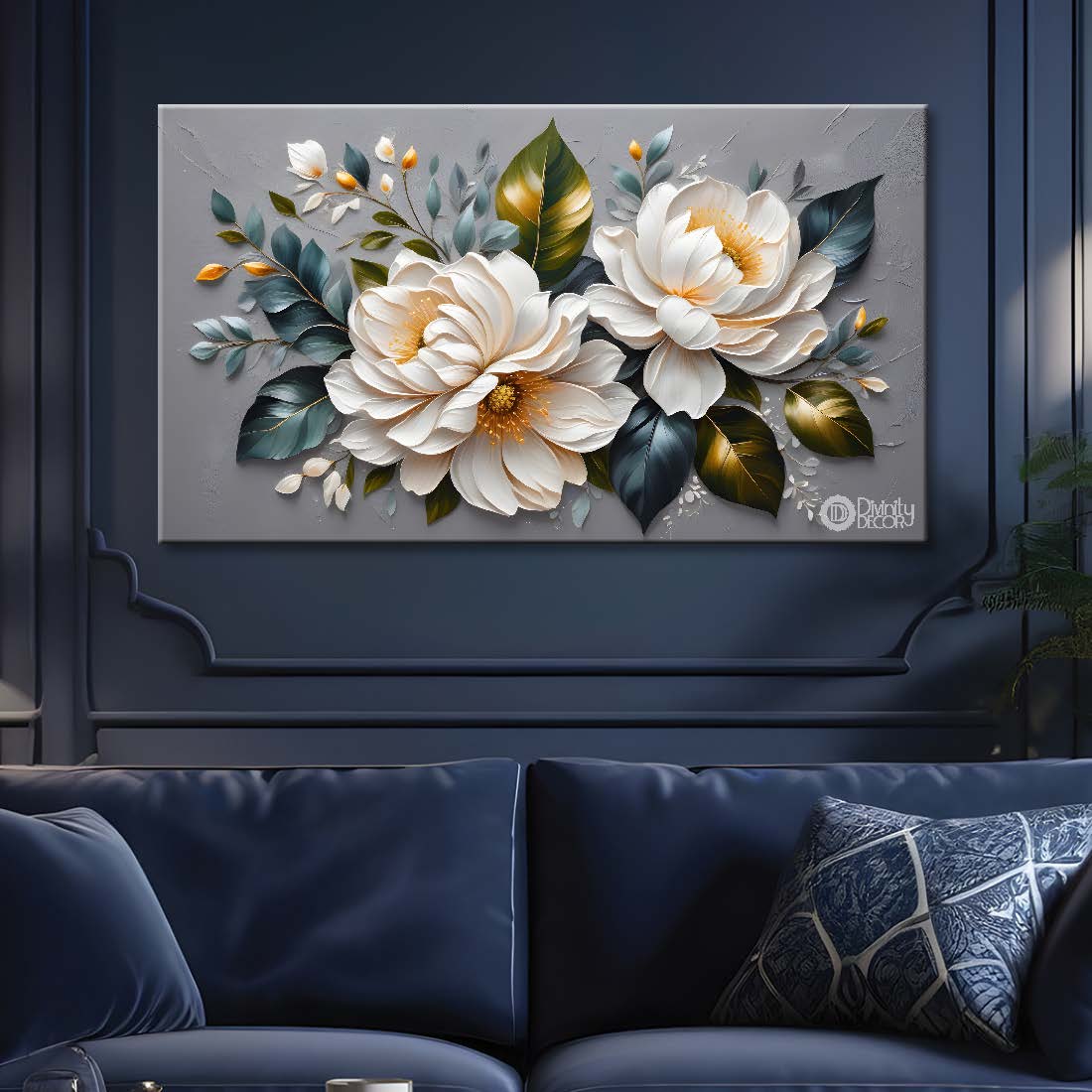 White flowers in grey background canvas painting- Flower-350