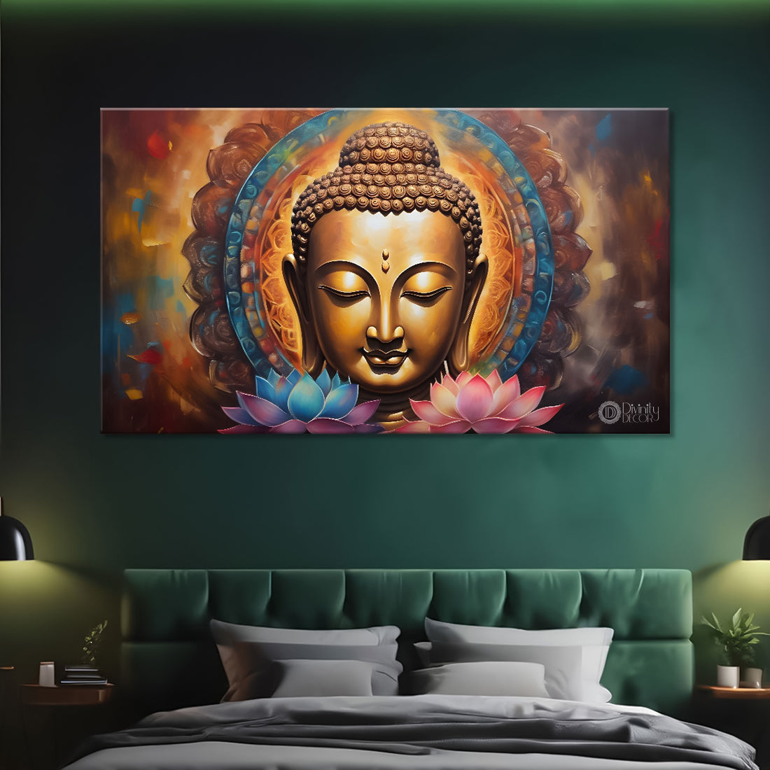 Golden buddha with colorful and lotus background textured painting Canvas Wall Painting - Buddha-351