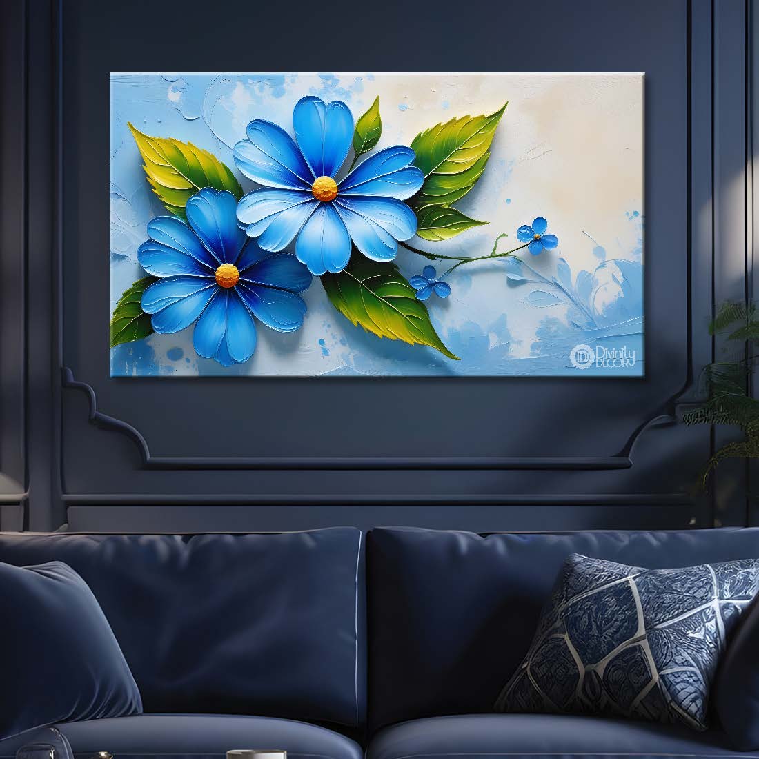Blue flowers in blue background canvas painting- Flower-351