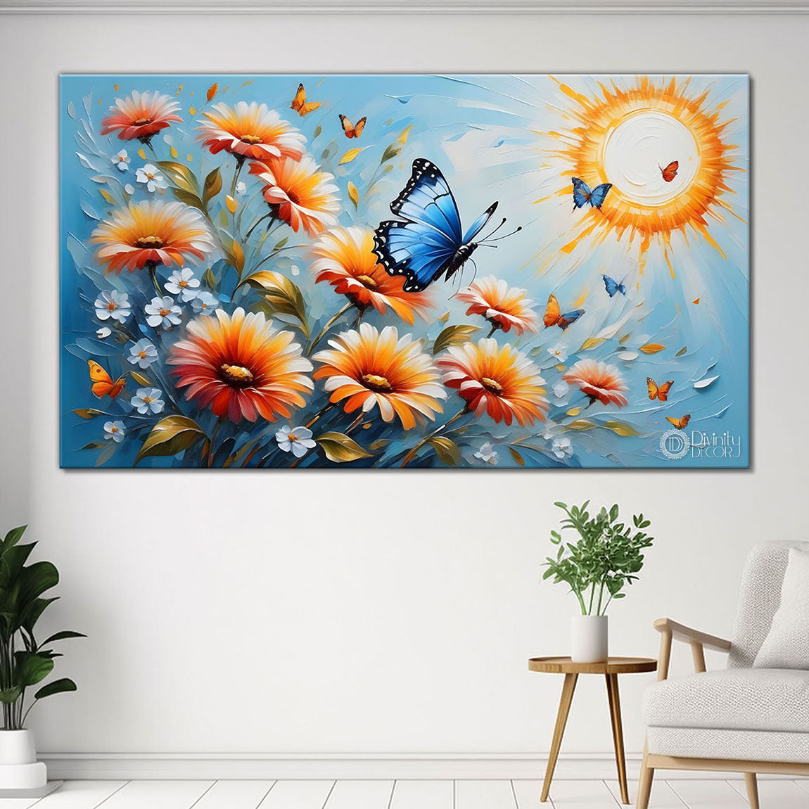 Flowers and butterfly textured art Canvas Painting - Nature Art -351