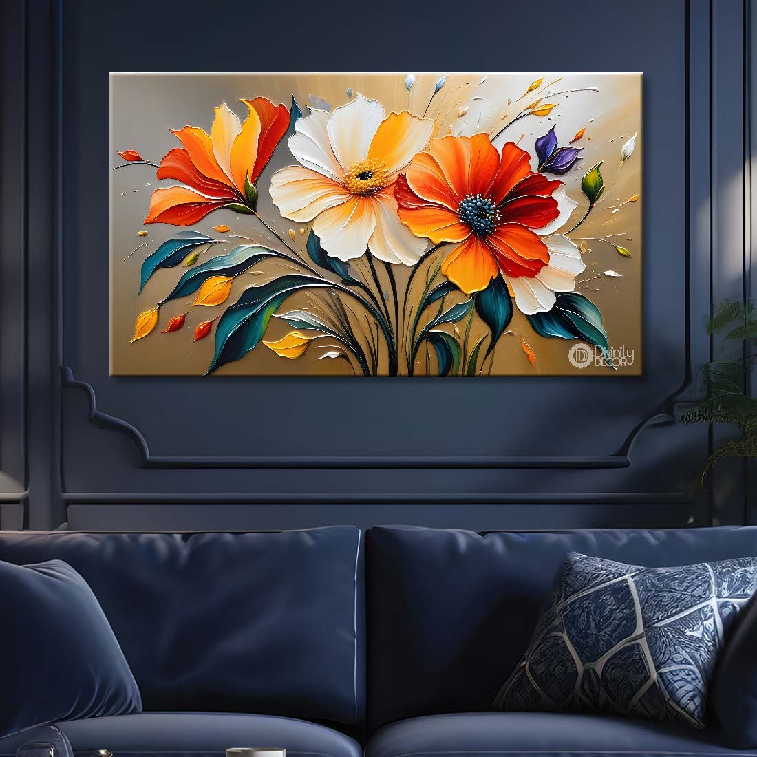 Orange and white flowers in light background canvas painting- Flower-352