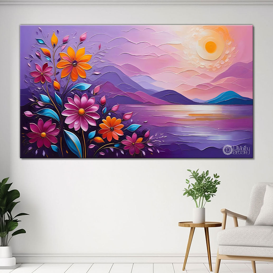 Mountains with flowers and sunset painting Canvas Painting - Nature Art -352