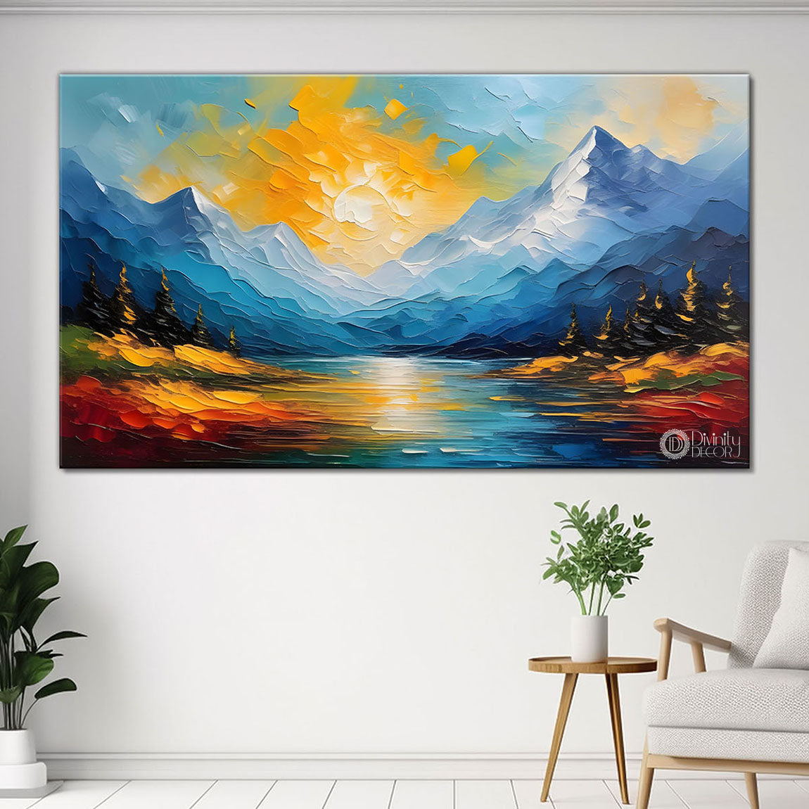 Mountains with sun in textured painting Canvas Painting - Nature Art -353
