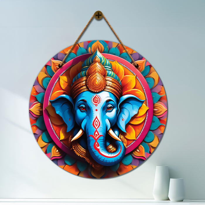 Ganesh Ji in blue and yellow floral mandala Round Wooden Wall Hanging for wall Décor - Design - 353