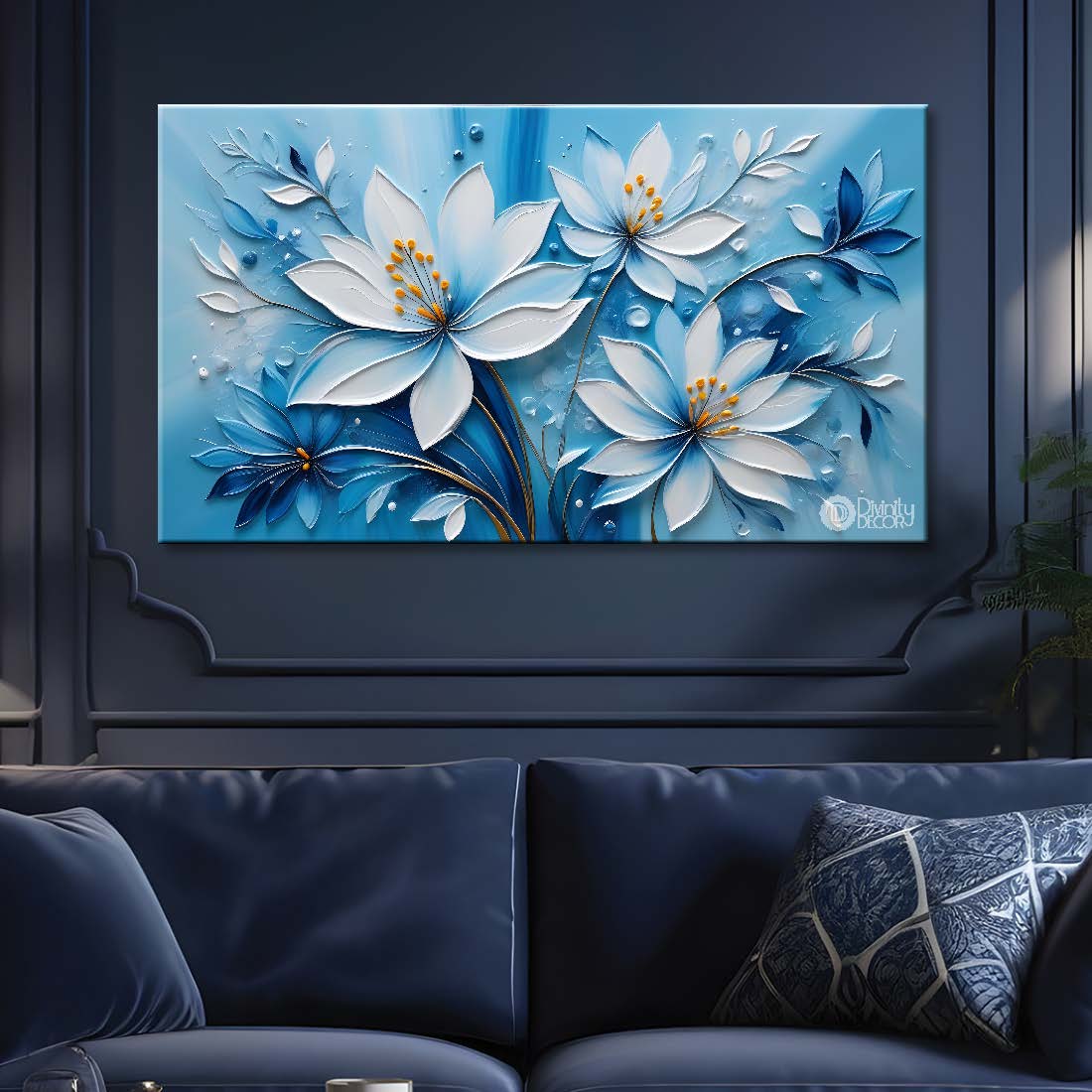 White flowers in blue background canvas painting- Flower-353