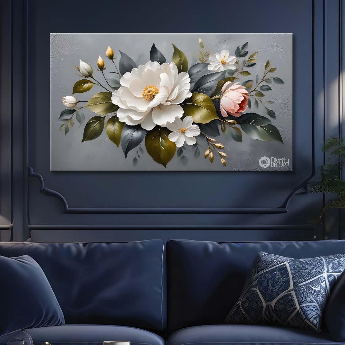 White flowers in grey background canvas painting- Flower-354