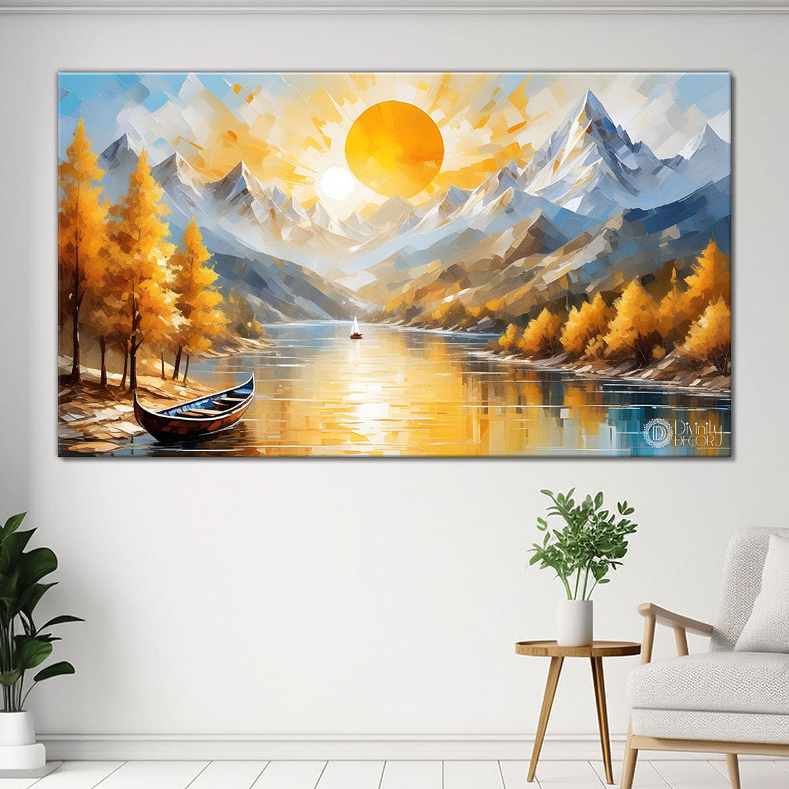 Yellow trees with mountains painting Canvas Painting - Nature Art -354