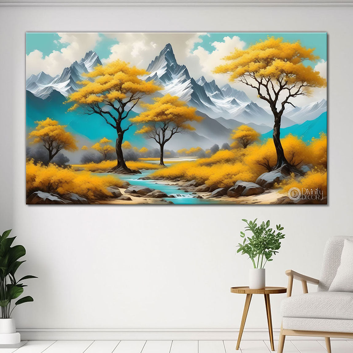 Yellow trees with mountains painting Canvas Painting - Nature Art -355