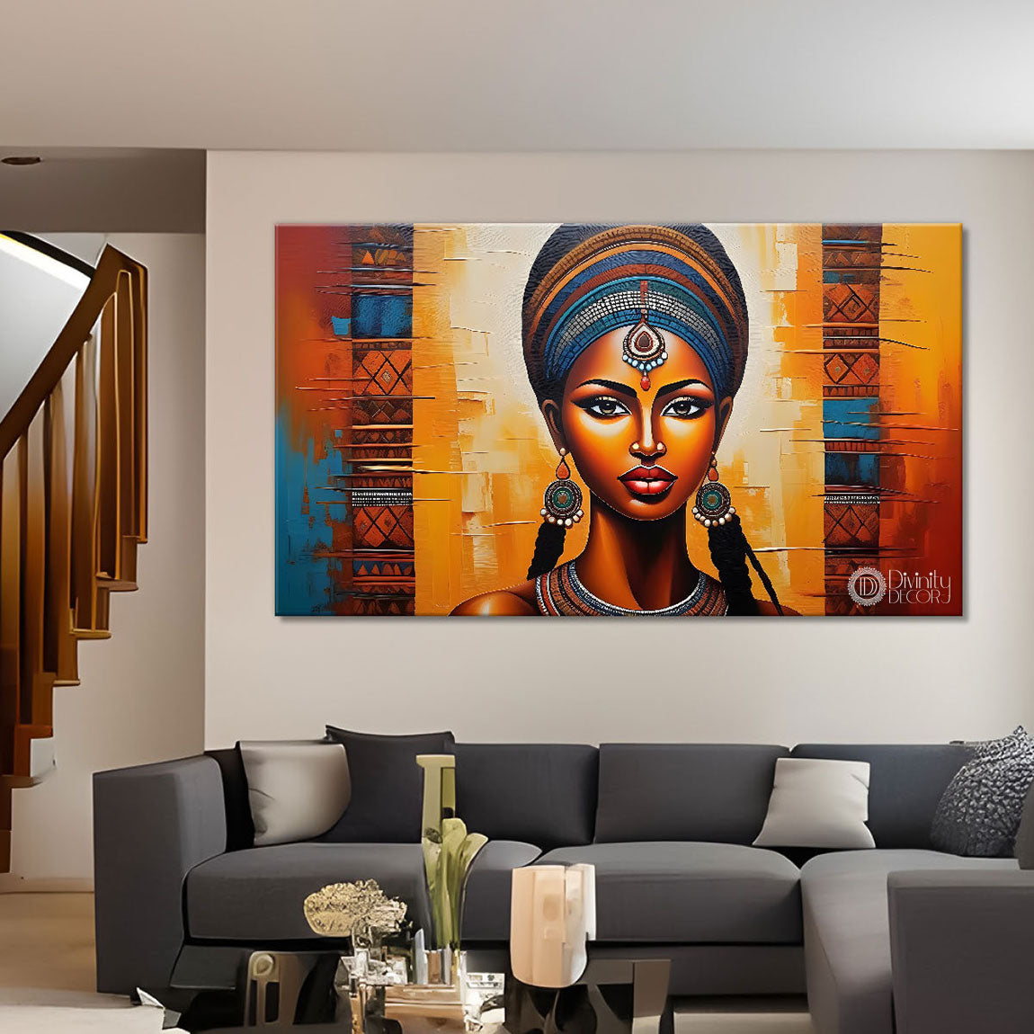 Tribal lady with bright background textured art Canvas Painting - Design - Modern-L-355