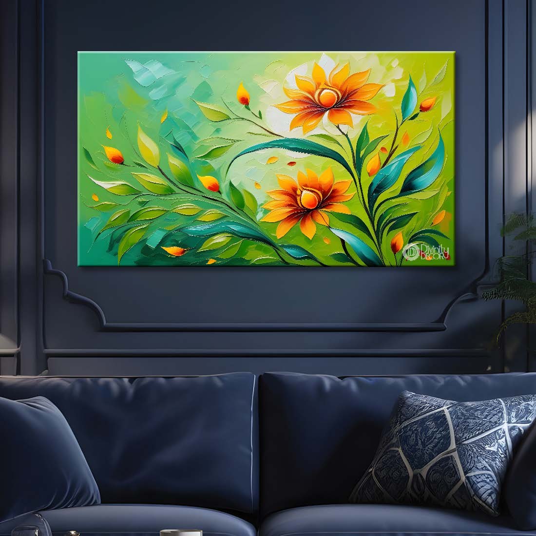 Yellow flowers in green background canvas painting- Flower-356