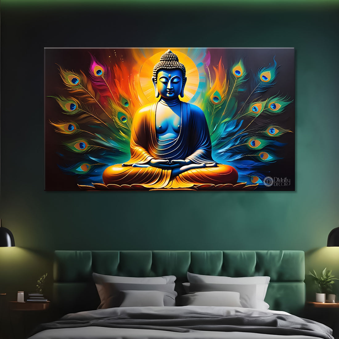 Golden buddha with peacock feather and orange textured background painting Canvas Wall Painting - Buddha-357