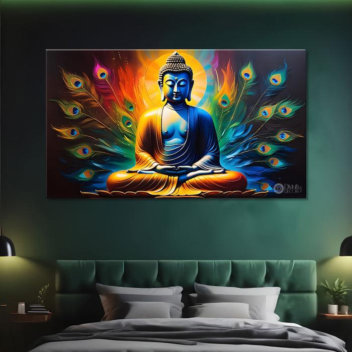 Golden buddha with peacock feather and orange textured background painting Canvas Wall Painting - Buddha-357