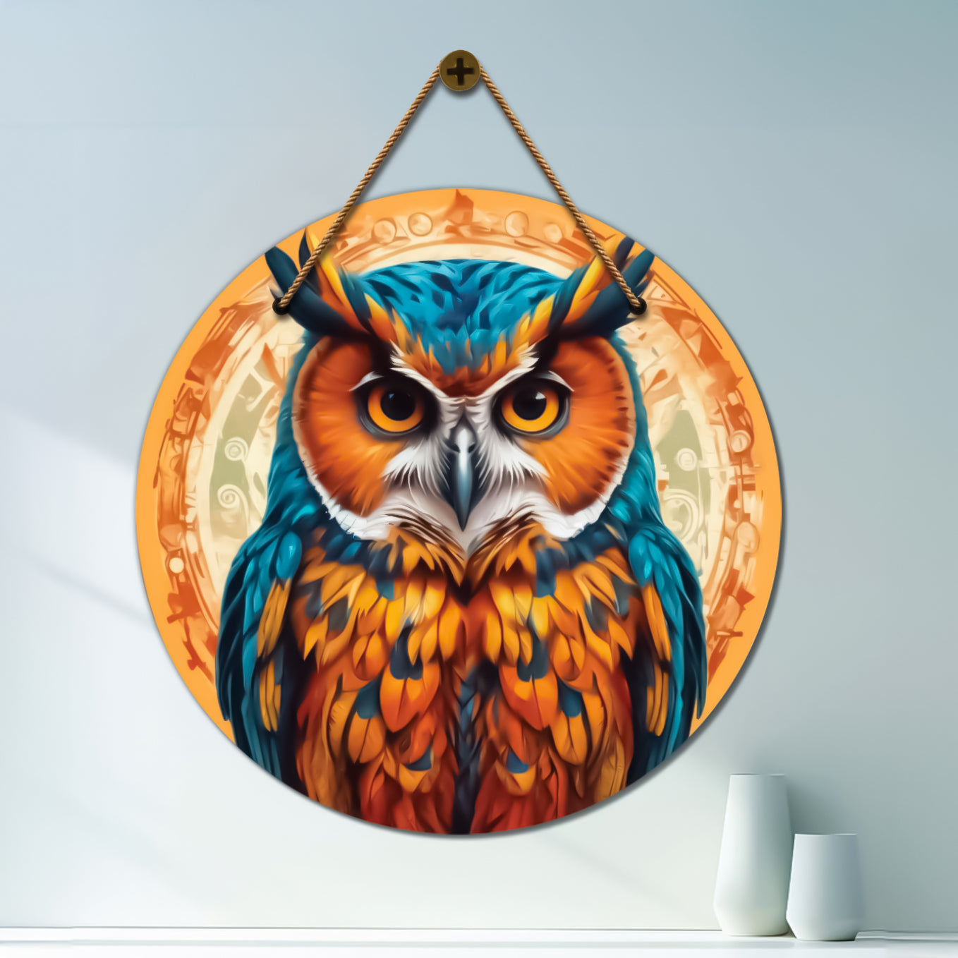 Owl in blue and yellow mandala Round Wooden Wall Hanging for wall Décor - Design - 357