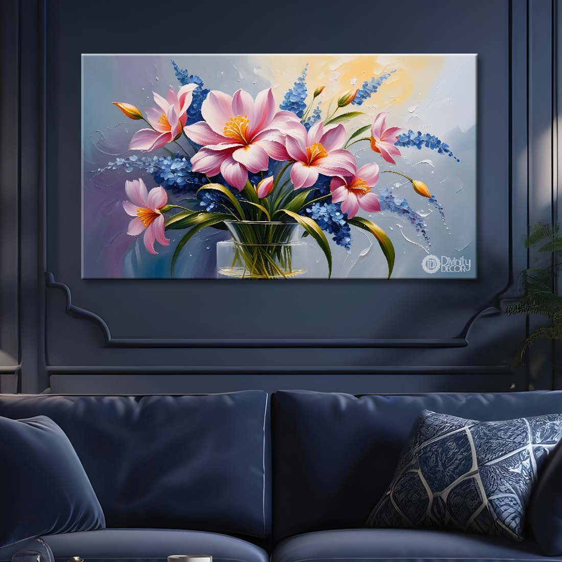 Pink flowers in grey background canvas painting- Flower-357