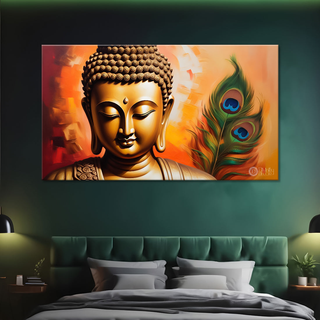 Golden buddha with peacock feather and orange textured background painting Canvas Wall Painting - Buddha-358