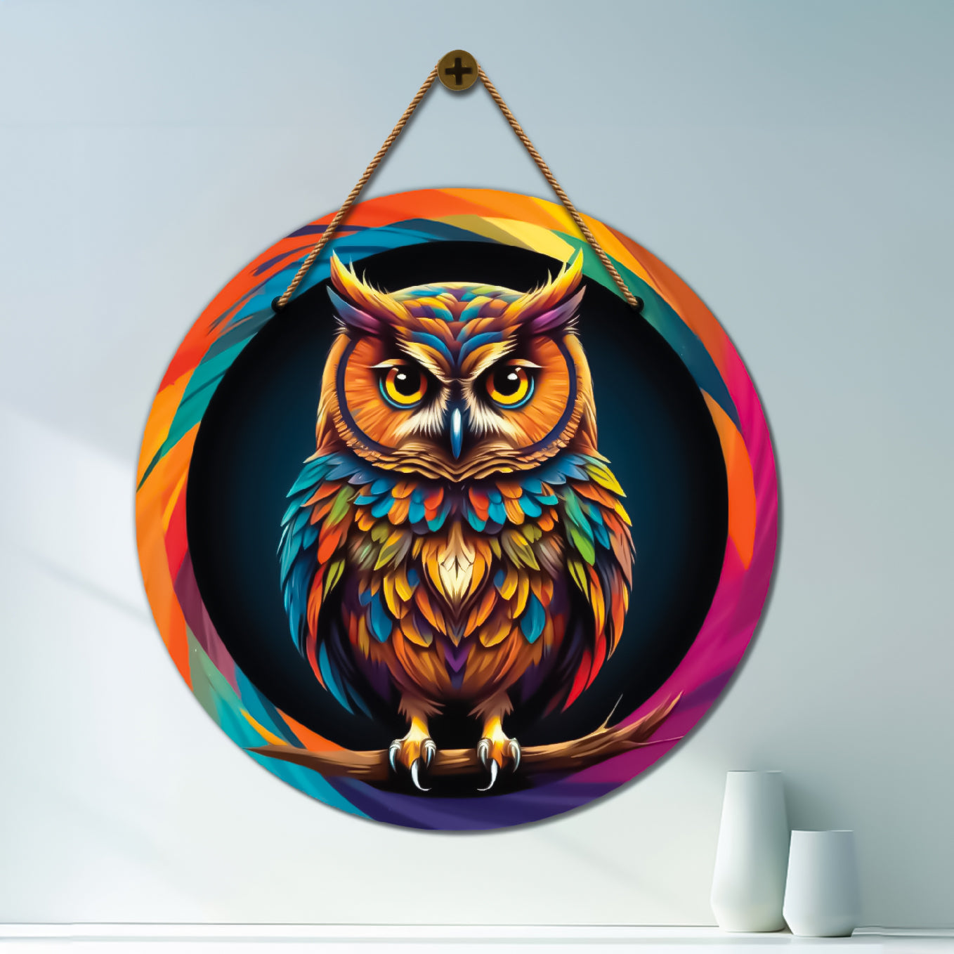Owl in colorful mandala Round Wooden Wall Hanging for wall Décor - Design - 358