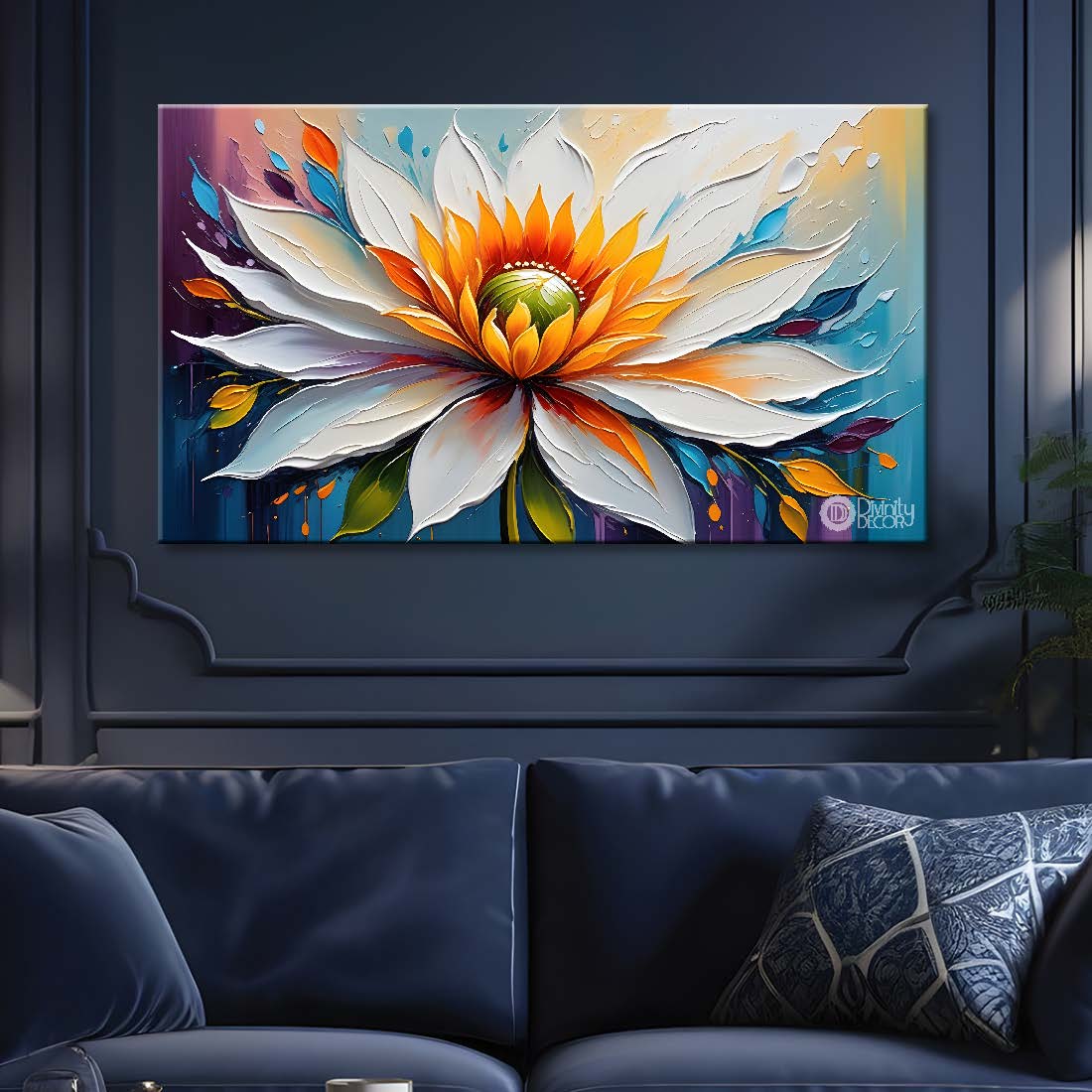 White flower in blue background canvas painting- Flower-358