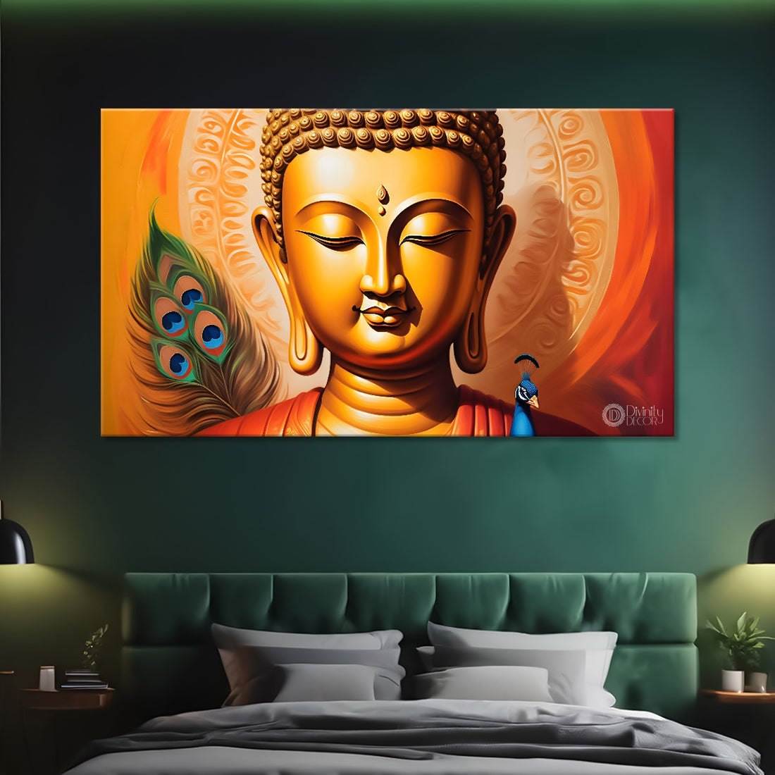 Golden buddha with peacock feather and orange textured background painting Canvas Wall Painting - Buddha-359