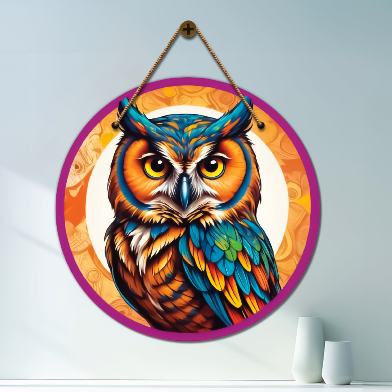 Owl in blue and yellow mandala Round Wooden Wall Hanging for wall Décor - Design - 359