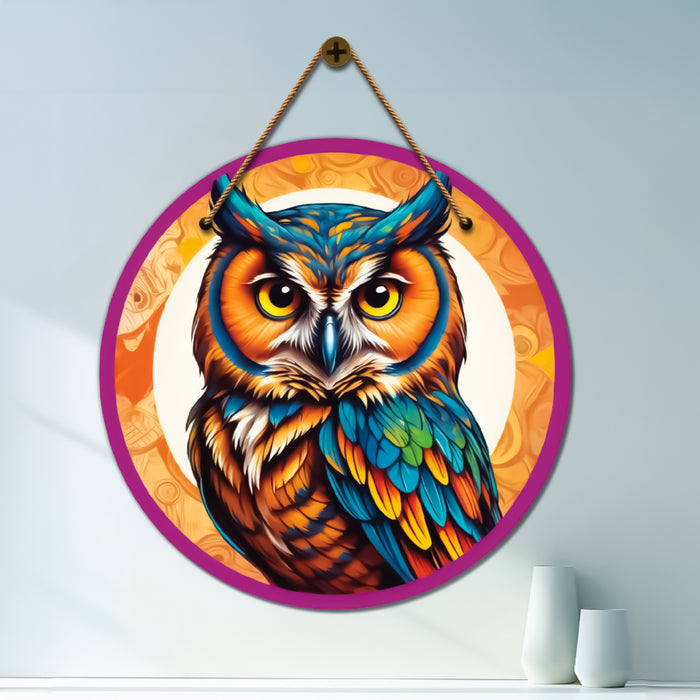 Owl in blue and yellow mandala Round Wooden Wall Hanging for wall Décor - Design - 359