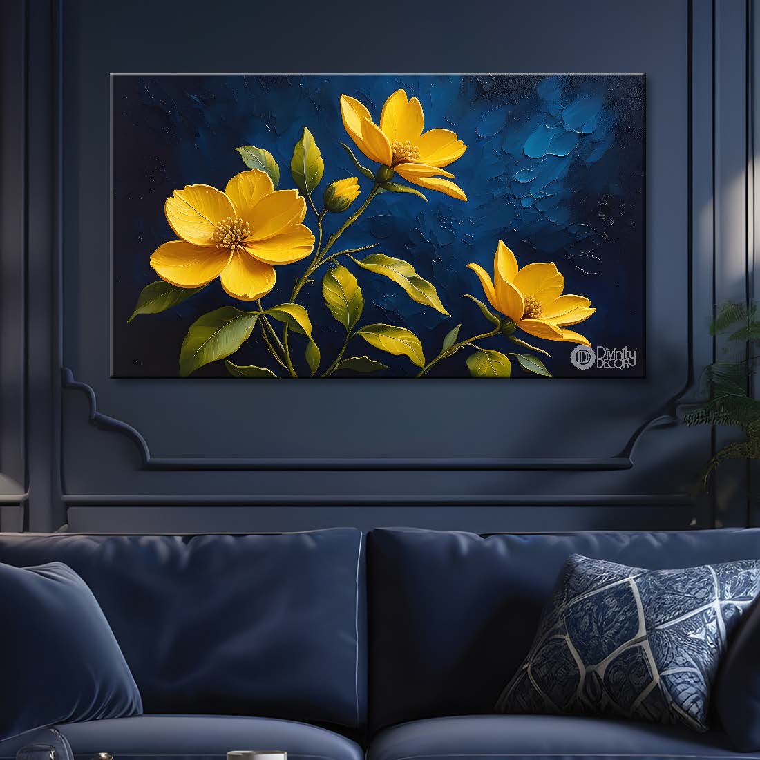 Yellow flowers in navy blue background canvas painting- Flower-359