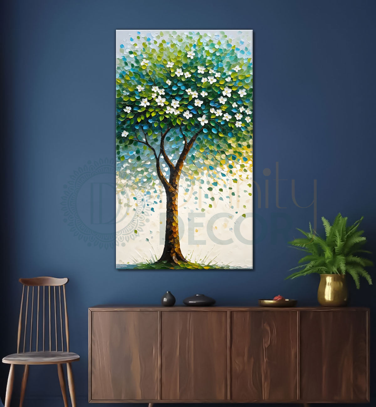 White flowers tree in textured oil painting Canvas painting - Tree-V-35