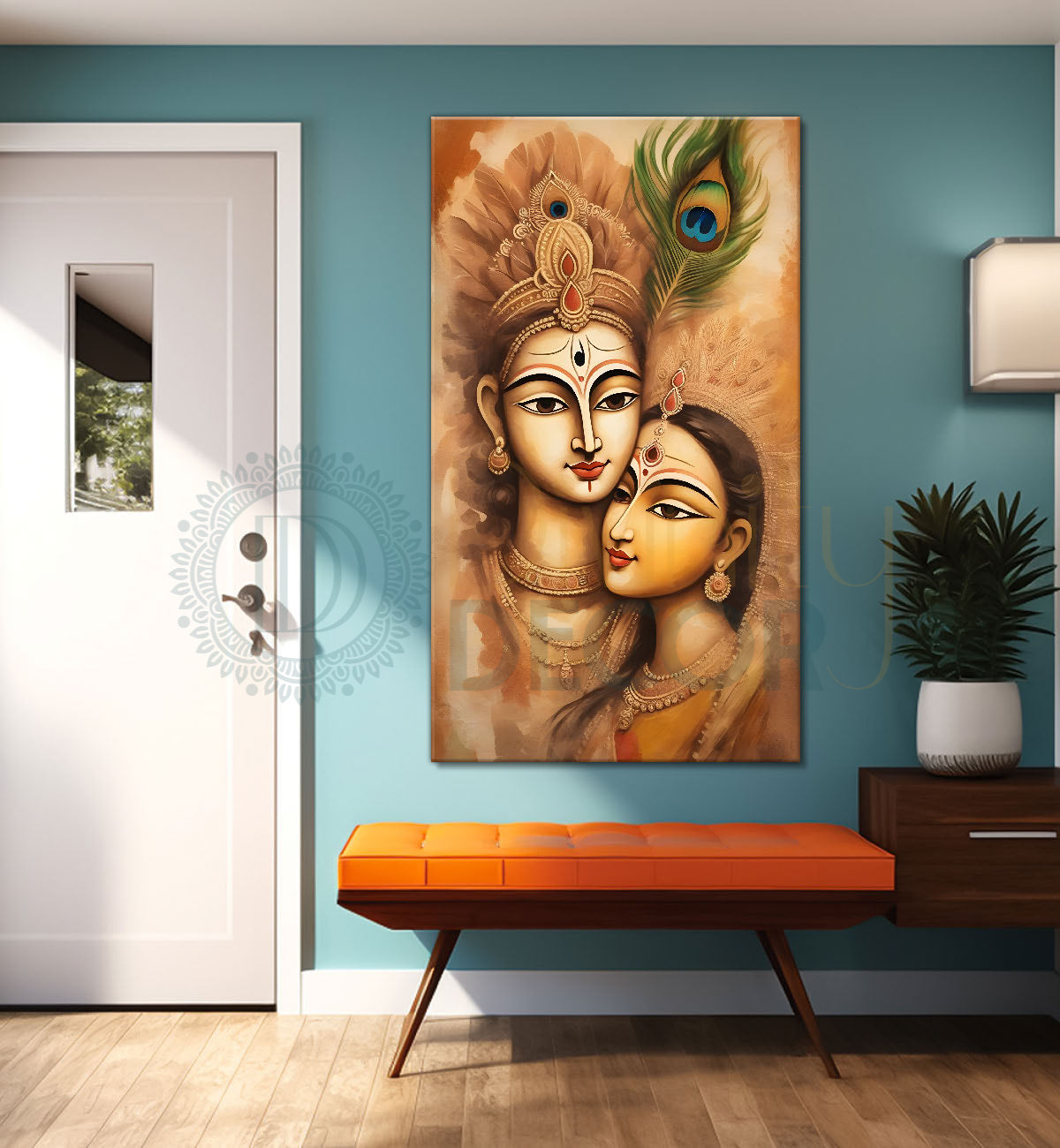 Krishna with radha in light brown background textured art Canvas Painting - Design - Krishna-V-35