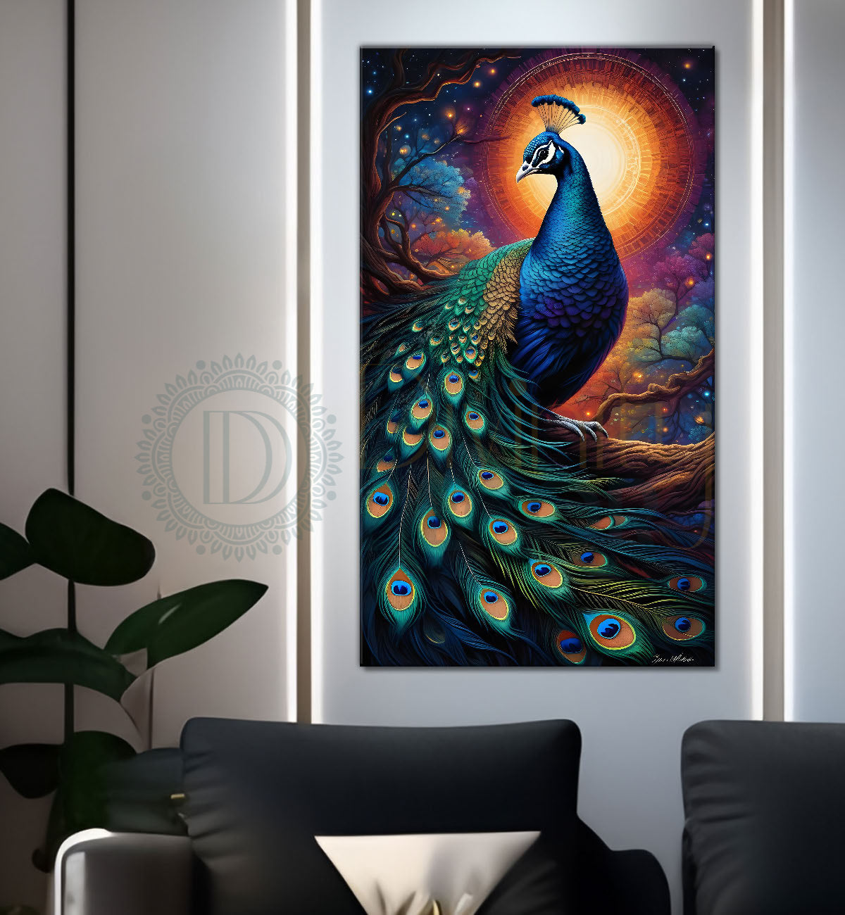 Peacock on branch in front of moon with sunset background modern art painting  - Design - Peacock-V-35