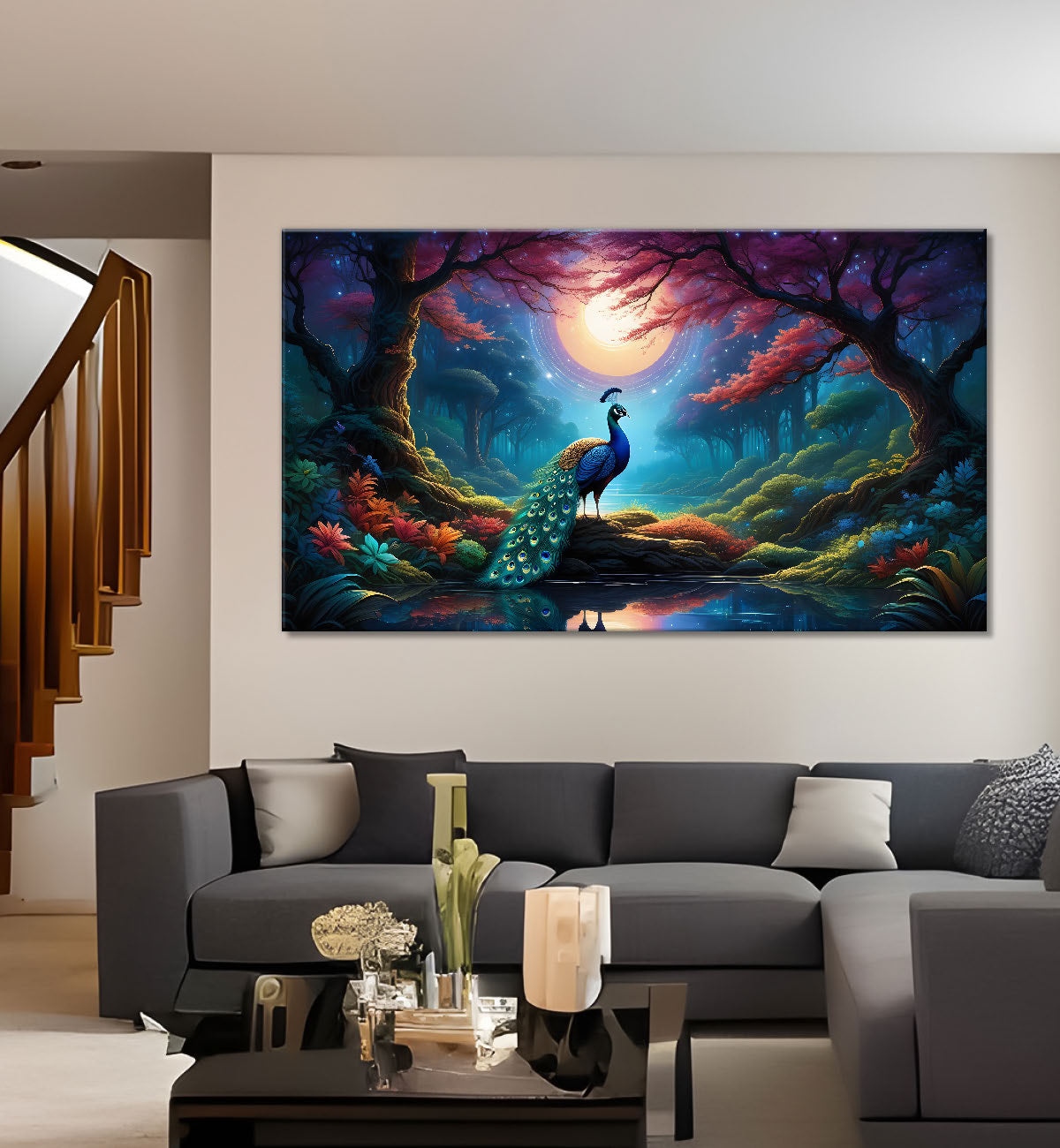 Peacock on the branch with dark background painting Canvas Painting - Design - Peacock-35