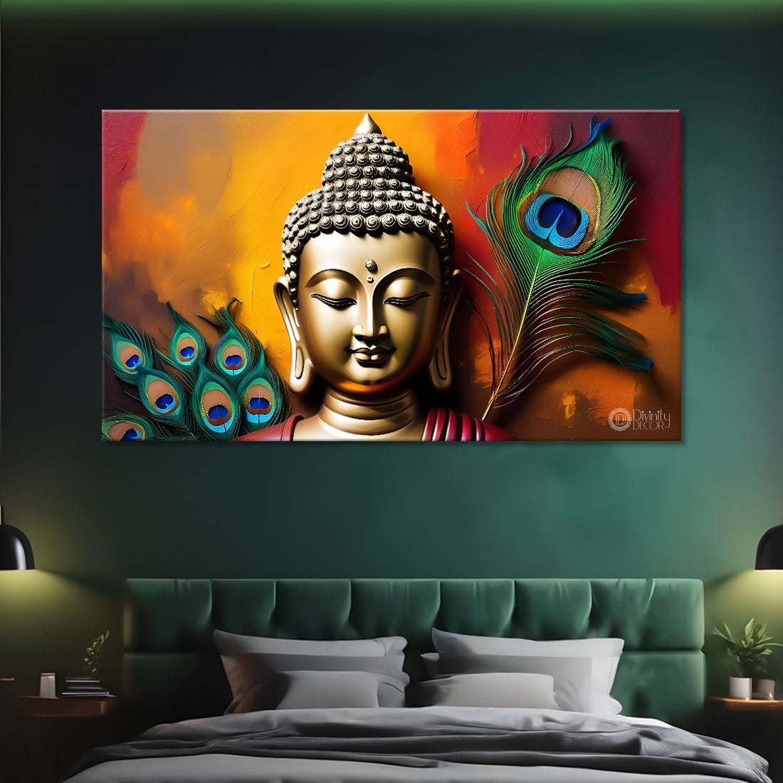 Golden buddha with peacock feather and orange textured background painting Canvas Wall Painting - Buddha-360