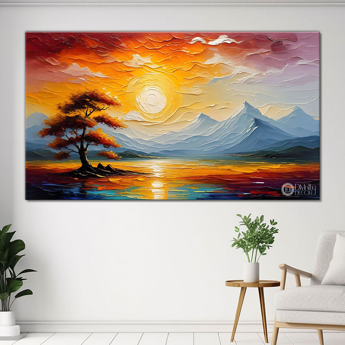 Mountains with trees and sun painting Canvas Painting - Nature Art -360