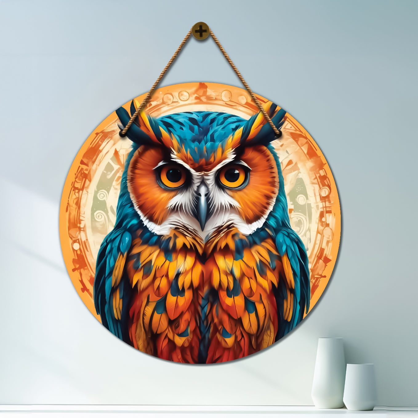 Owl in blue and yellow mandala Round Wooden Wall Hanging for wall Décor - Design - 360
