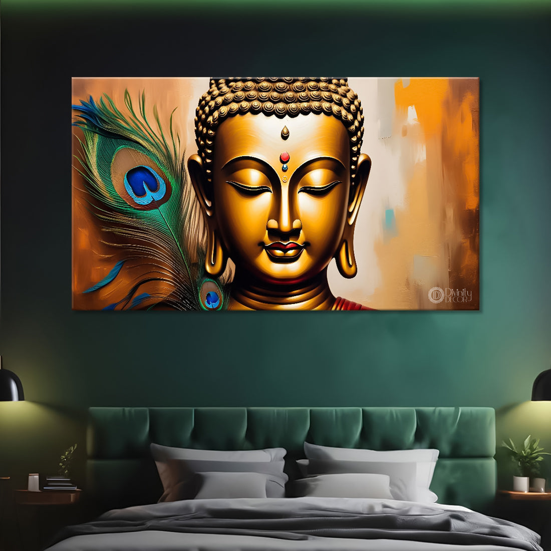 Golden buddha with peacock feather and orange textured background painting Canvas Wall Painting - Buddha-361