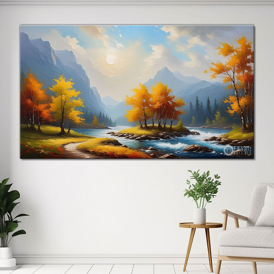 Yellow tree with mountains painting Canvas Painting - Nature Art -361
