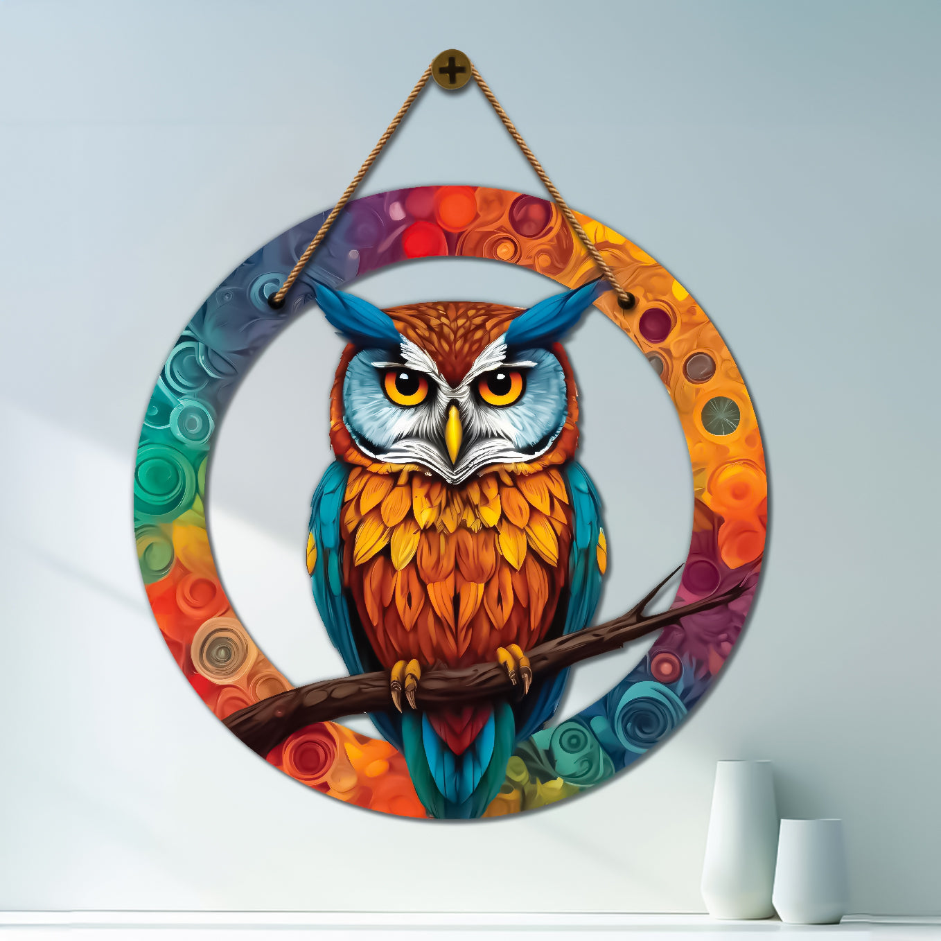 Owl in colorful mandala Round Wooden Wall Hanging for wall Décor - Design - 361