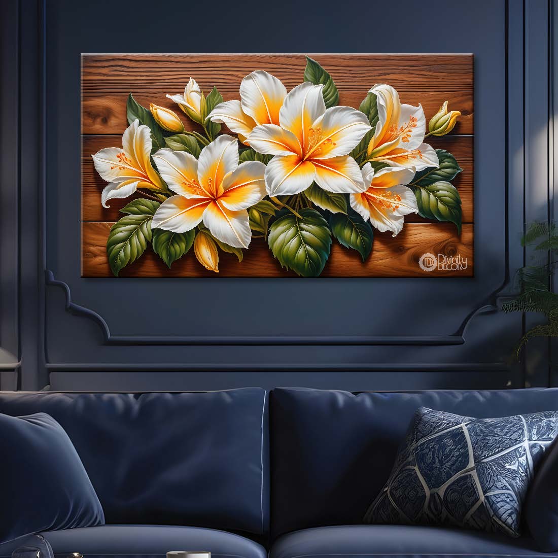 White flowers in brown background canvas painting- Flower-361