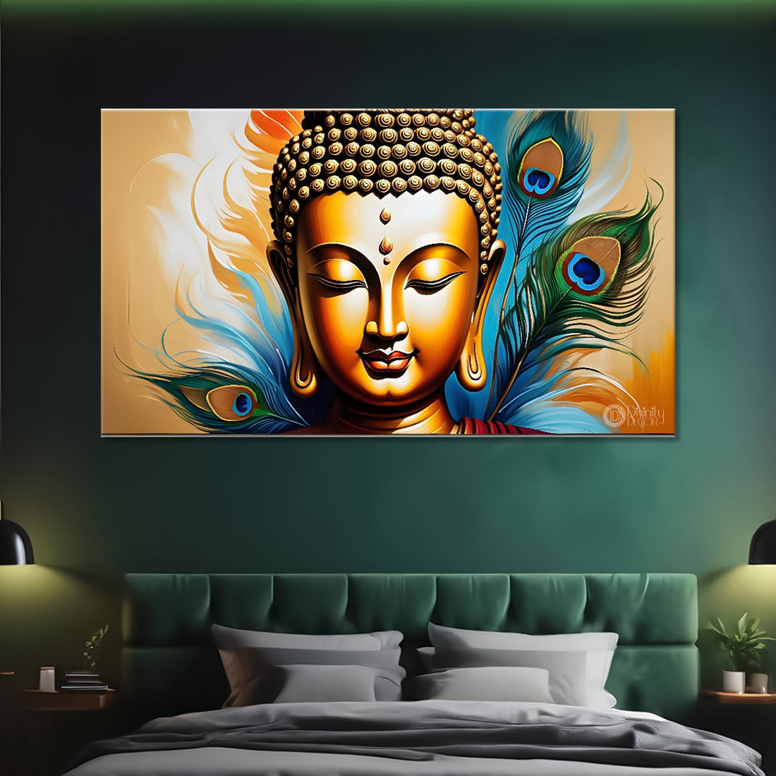 Golden buddha with peacock feather and orange textured background painting Canvas Wall Painting - Buddha-362