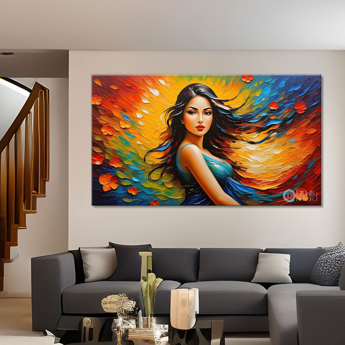Beautiful woman with colorful background modern art Canvas Painting - Design - Modern-L-362