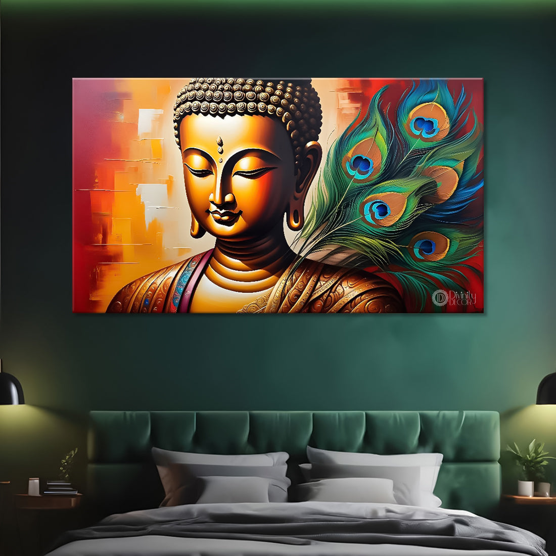 Golden buddha with peacock feather and orange textured background painting Canvas Wall Painting - Buddha-363