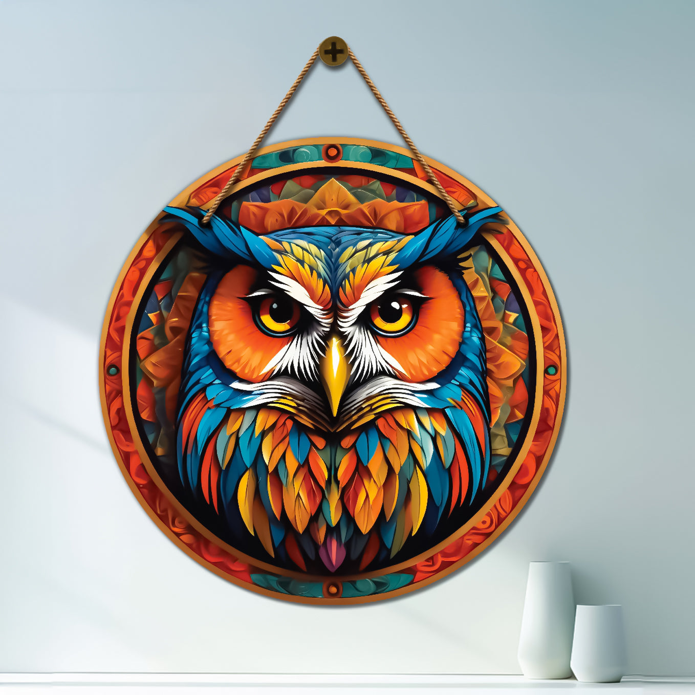 Owl in colorful mandala Round Wooden Wall Hanging for wall Décor - Design - 363