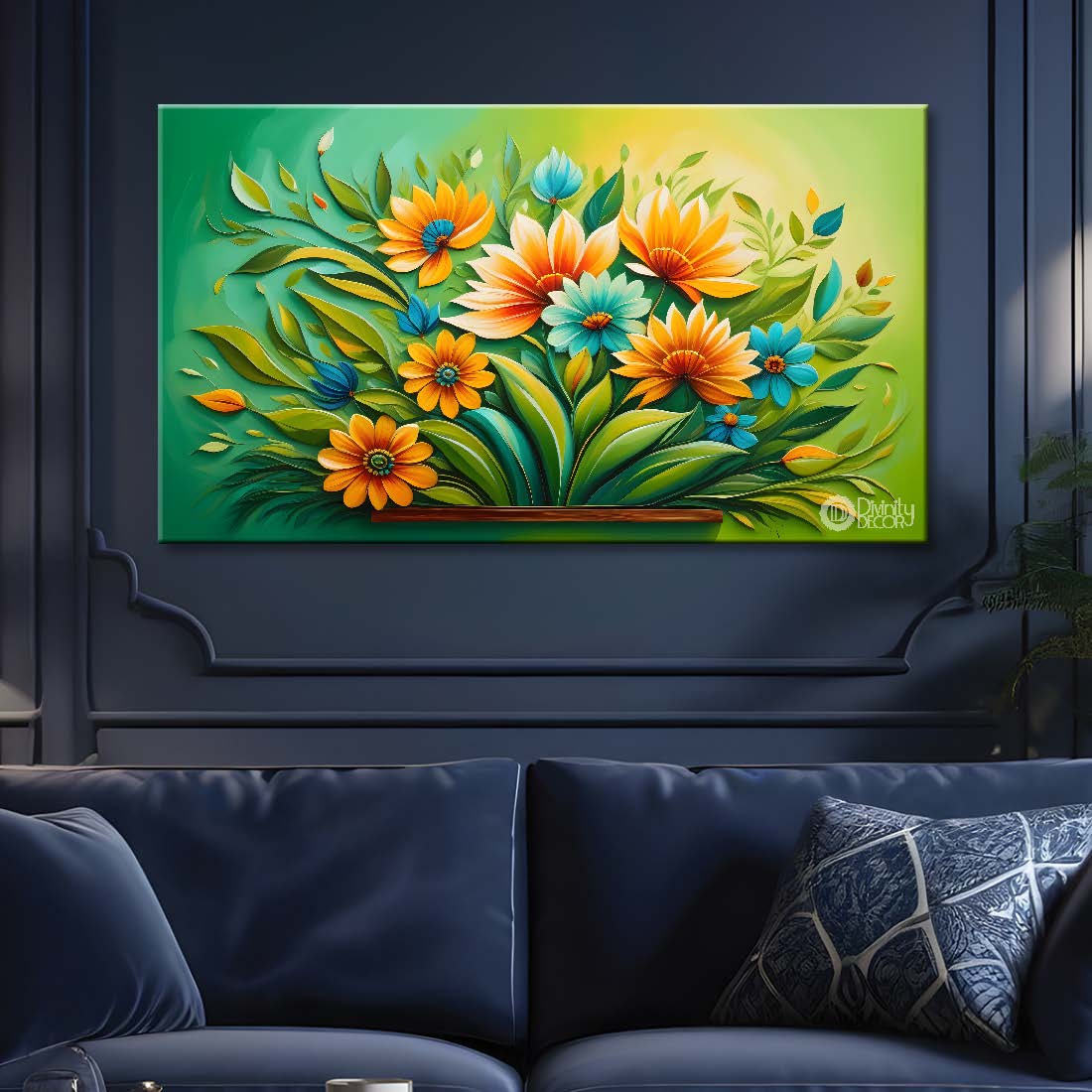 Yellow flowers in green background canvas painting- Flower-363
