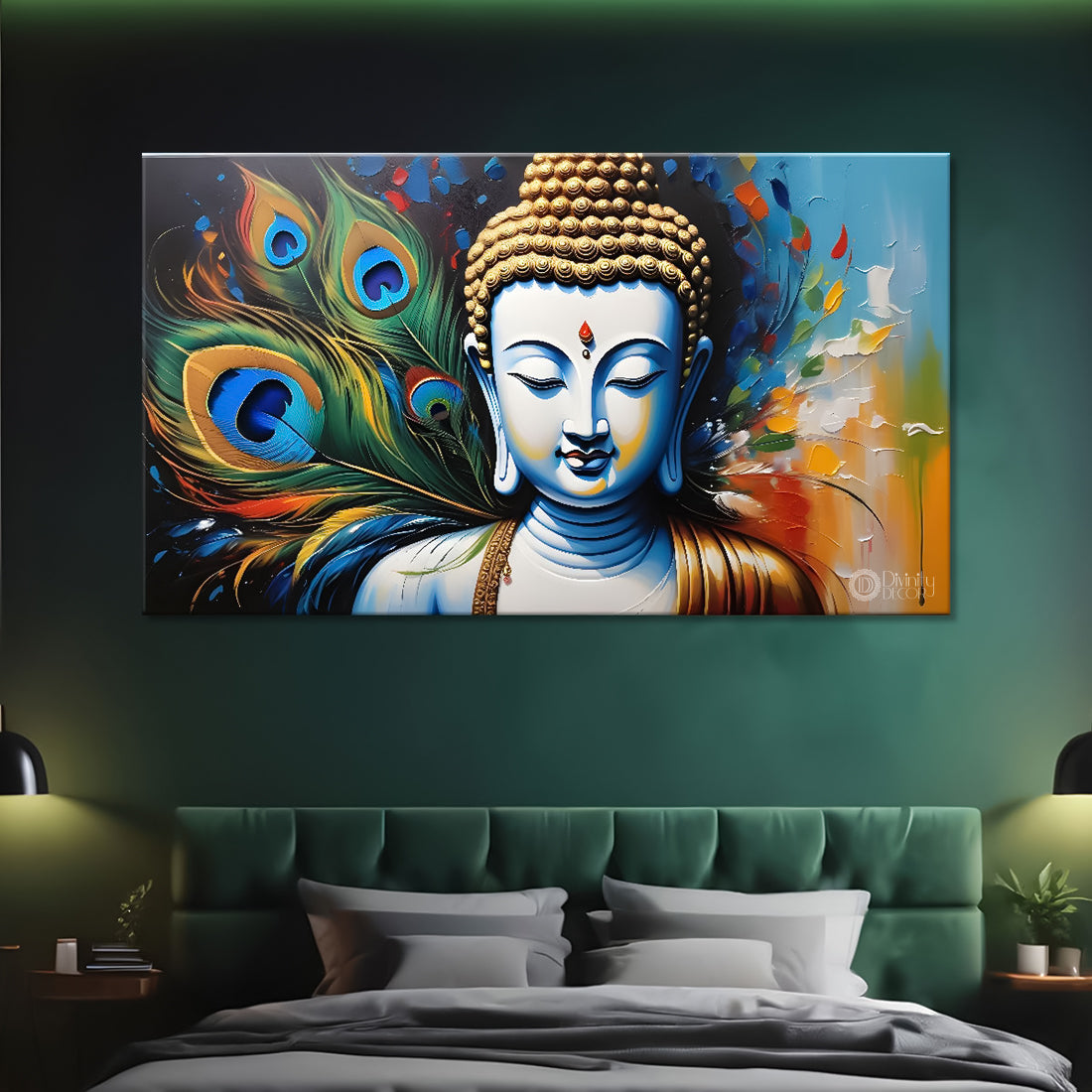 Golden buddha with peacock feather and orange textured background painting Canvas Wall Painting - Buddha-364