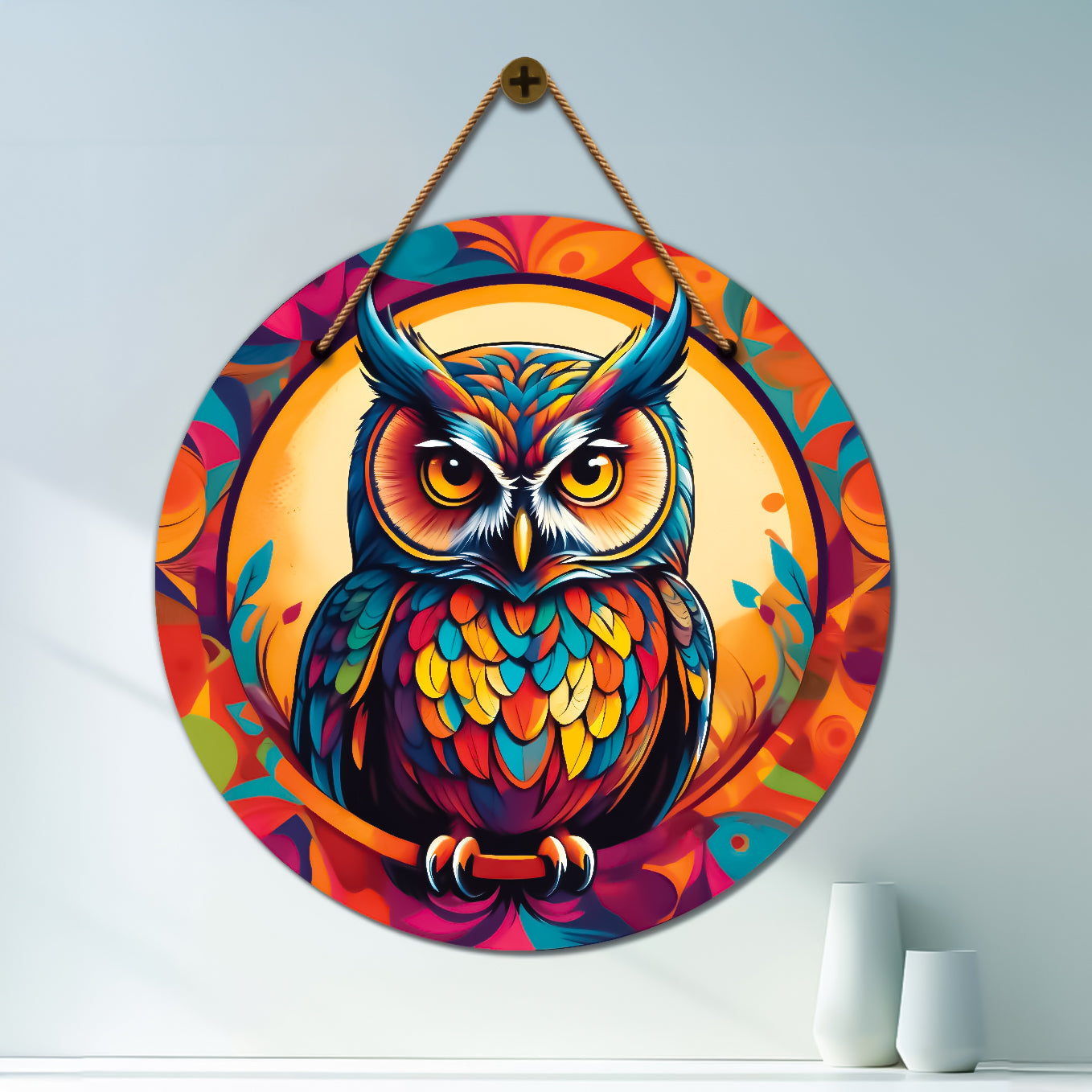 Owl in colorful floral mandala Round Wooden Wall Hanging for wall Décor - Design - 364