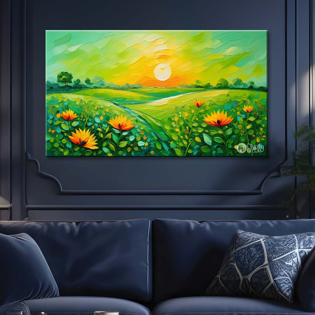 Yellow flowers  with sunrise and green background canvas painting- Flower-364