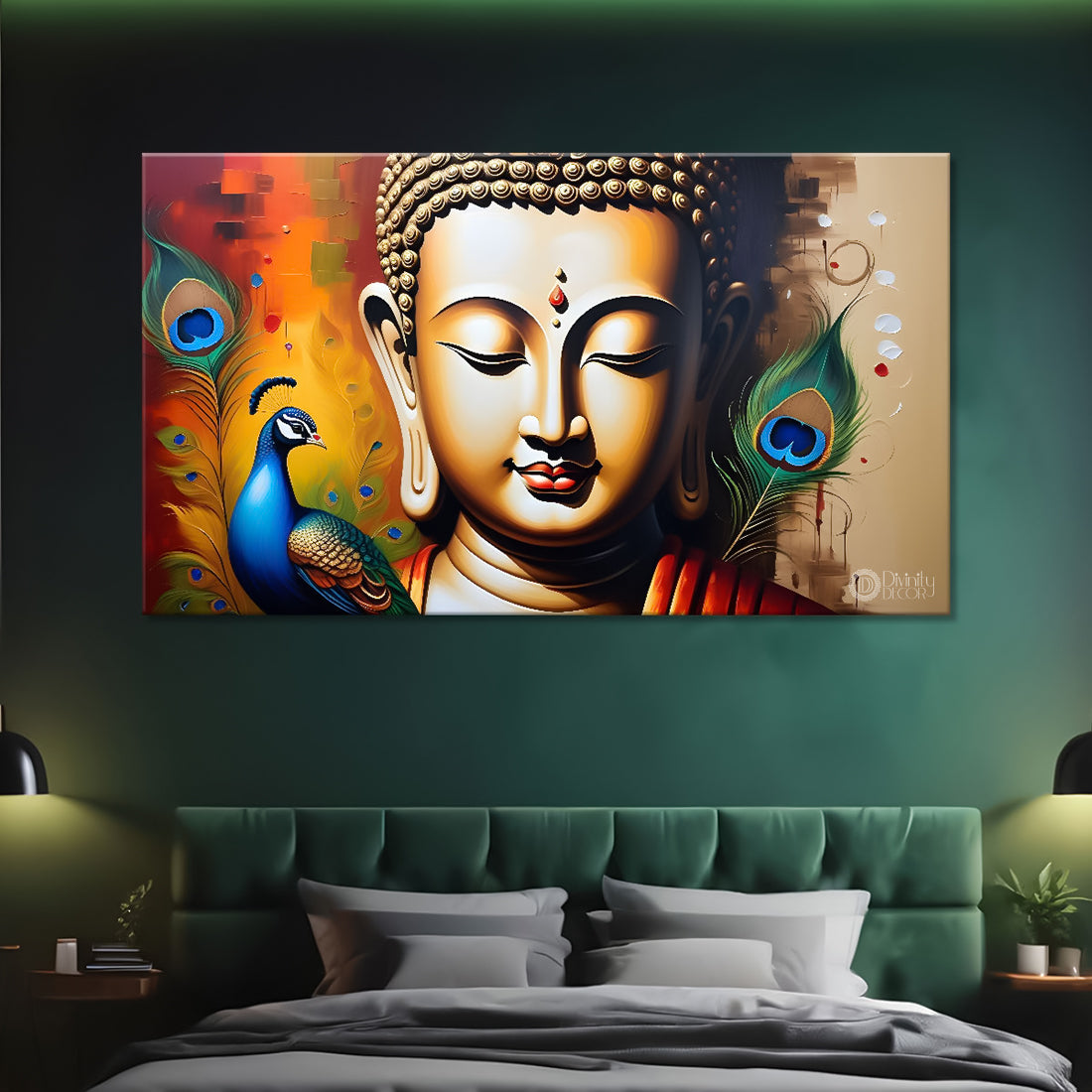 Golden buddha with peacock feather and orange textured background painting Canvas Wall Painting - Buddha-365