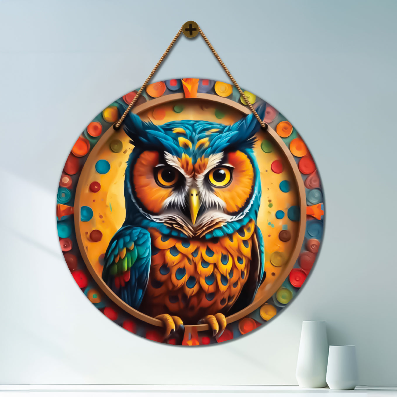 Owl in colorful floral mandala Round Wooden Wall Hanging for wall Décor - Design - 365