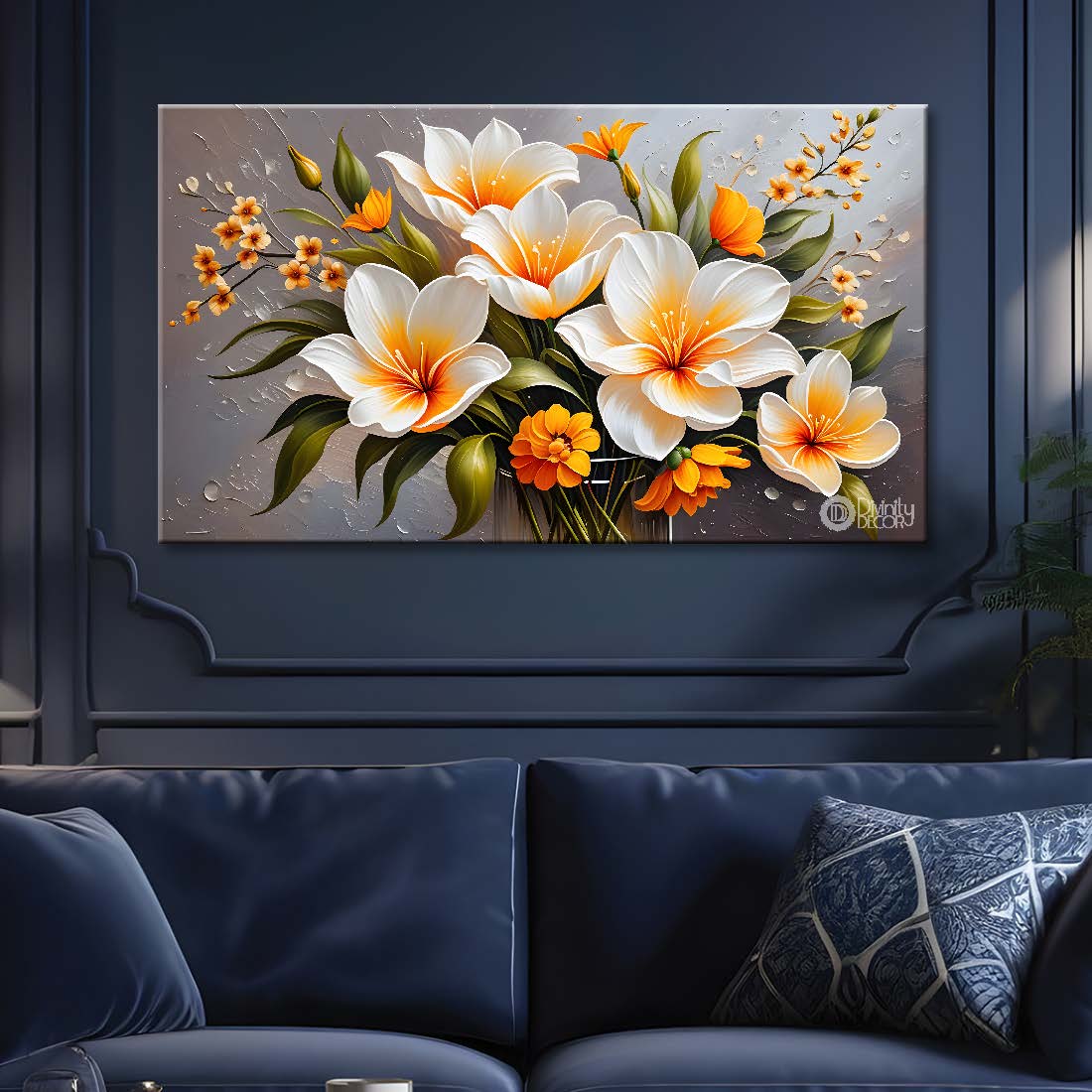 White flowers in grey background canvas painting- Flower-365