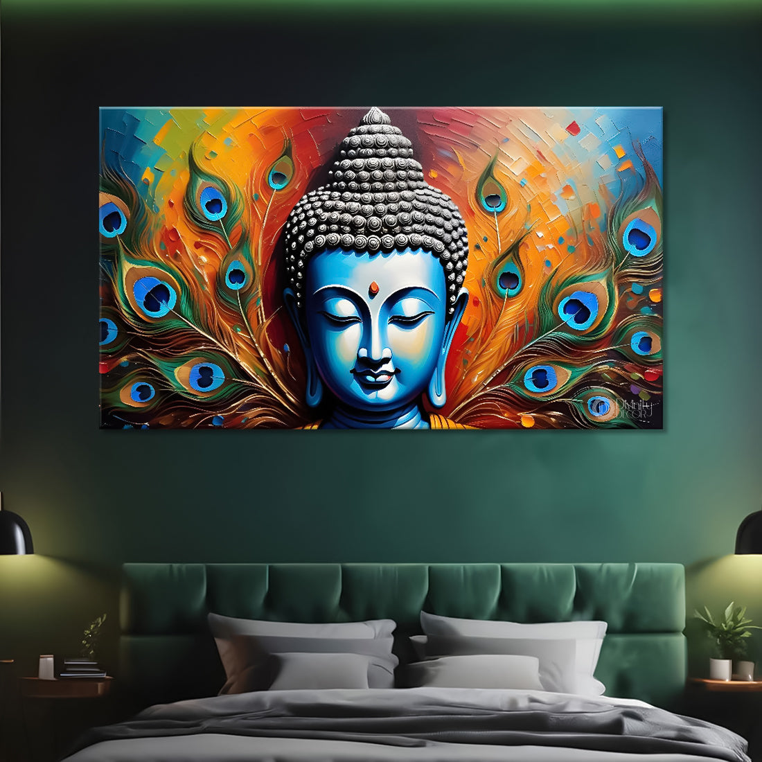 Golden buddha with peacock feather and orange textured background painting Canvas Wall Painting - Buddha-366