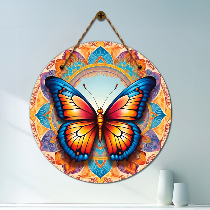 Butterfly in blue and floral mandala Round Wooden Wall Hanging for wall Décor - Design - 366