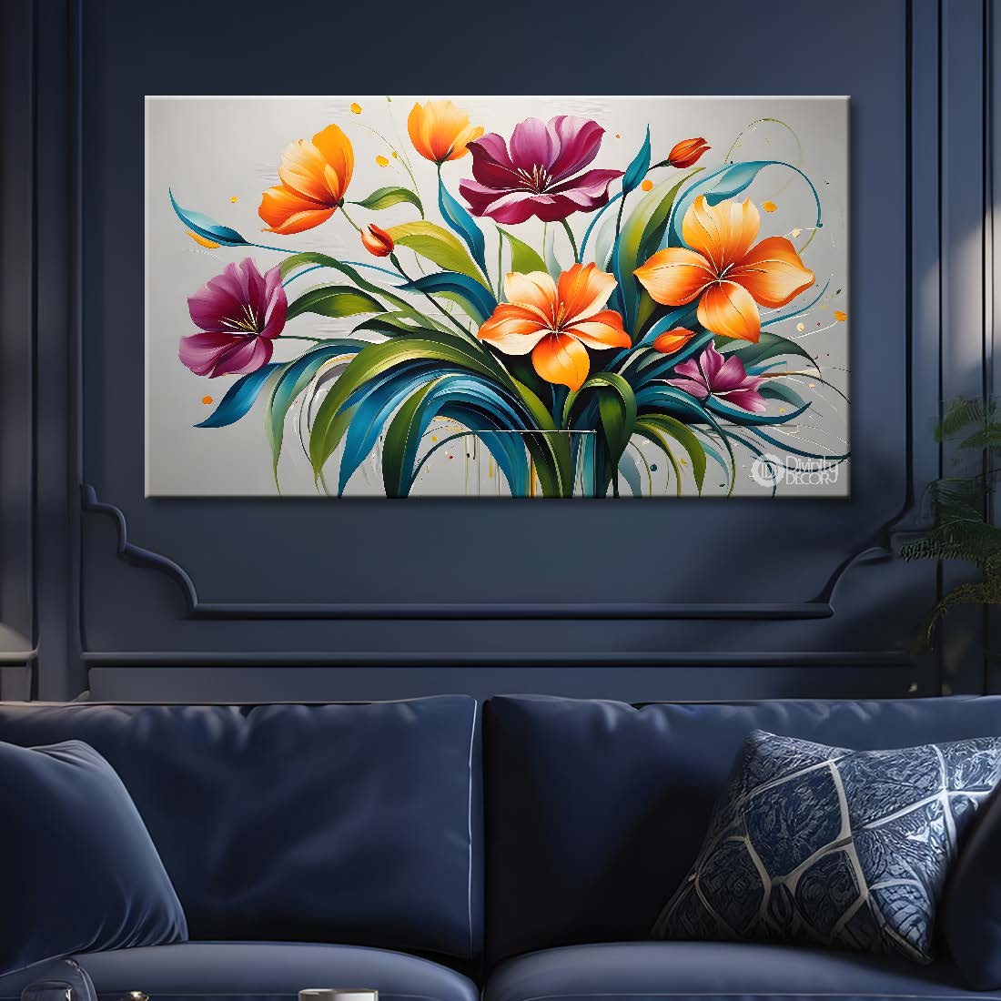 Colorful flowers in grey background canvas painting- Flower-366